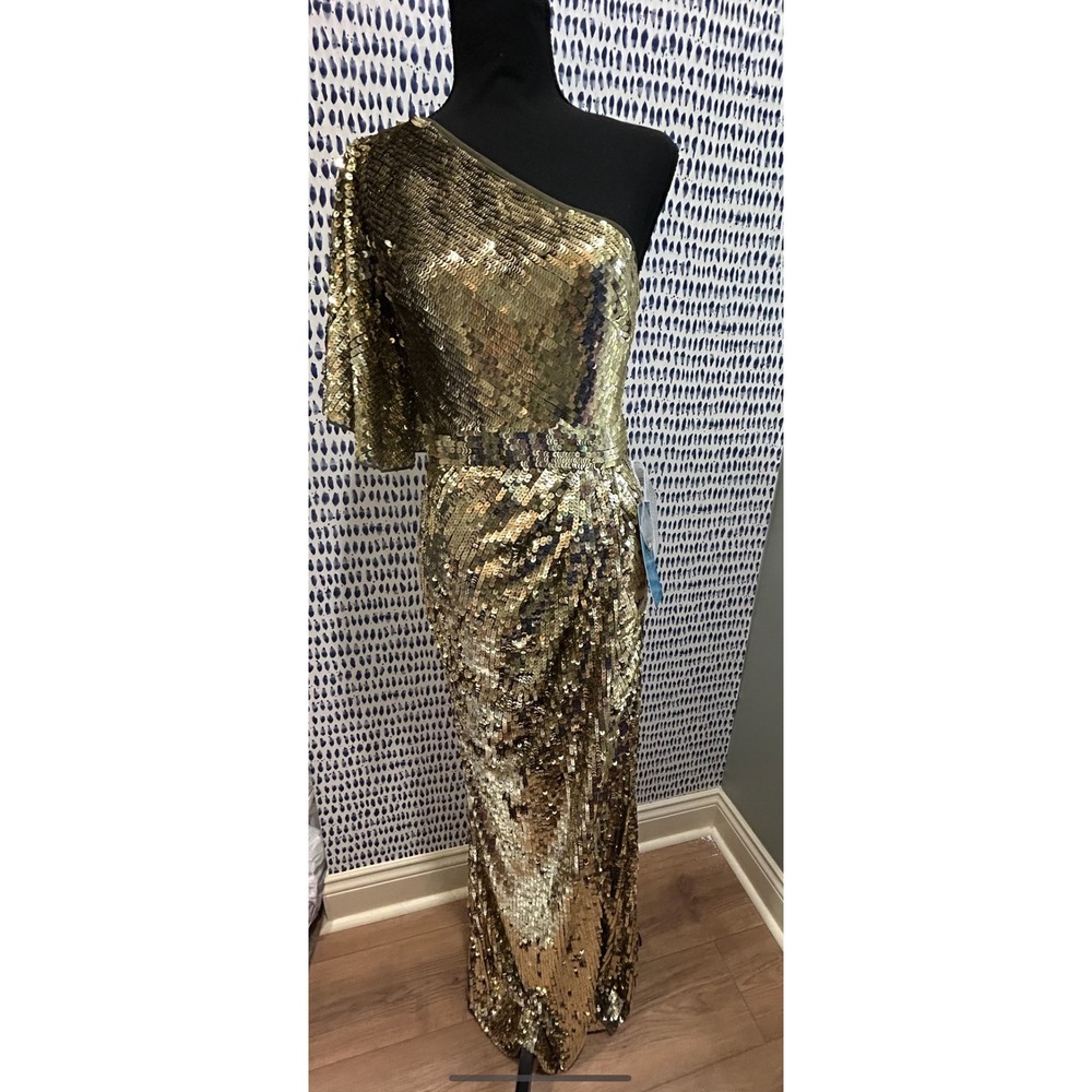 Mac Duggal Gold Sequin One Shoulder Gown Flutter Sleeve Formal‎ Dress Size 4
